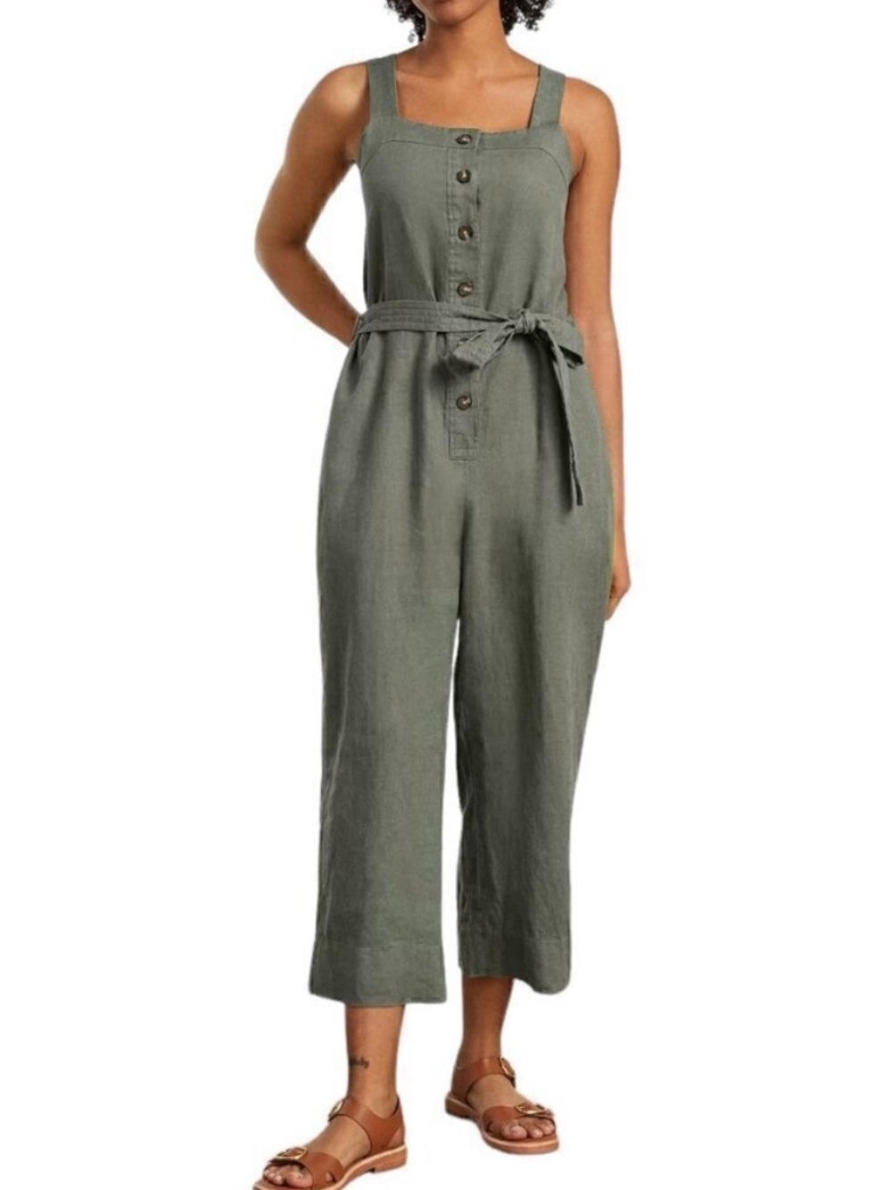 Everlane The Linen Picnic Jumpsuit in Pewter Green